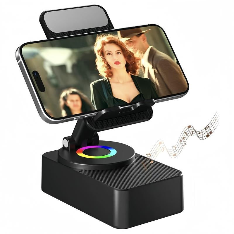 Wireless Audio Bluetooth Speaker 5In1 Phone Holder Emergency Rechargeable Withcolorful Ambient Light 300° Foldable for Tablet Iphone Android, Gifts for Men Women ，Black