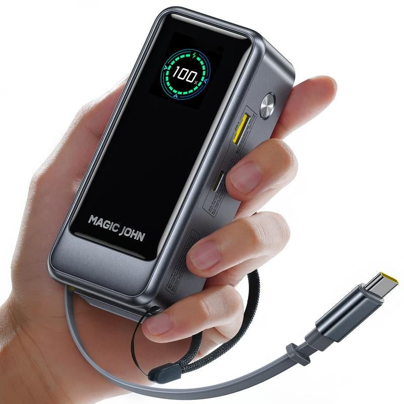 MAGIC JOHN Power Bank for Phones & Laptops, 15,000 Mah High-Capacity Portable Charger, USB-C Output, Built-In 2.3Ft Retractable Cable, Airline-Approved, Compatible with Iphone 17/16 Series, Macbook, Samsung & More